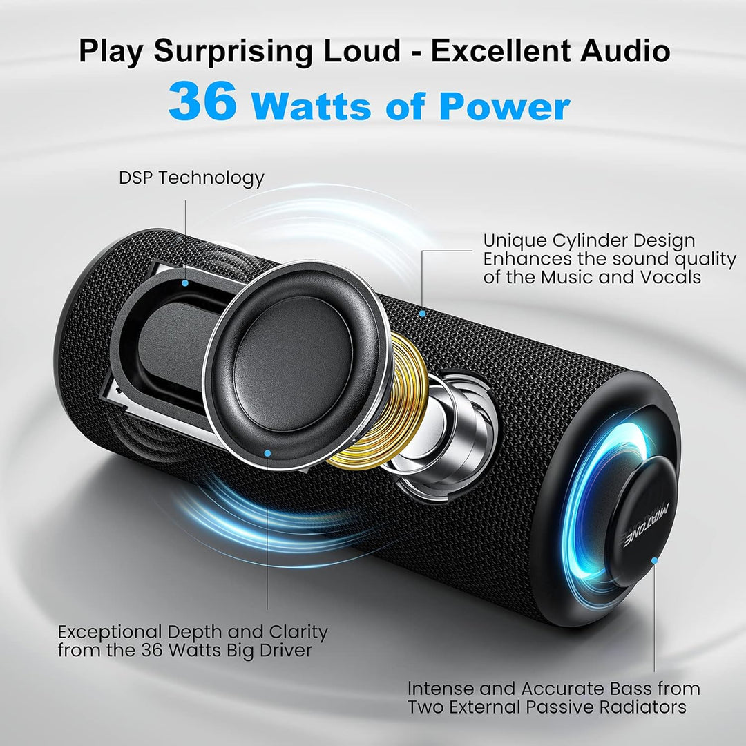 MIATONE Bluetooth Speakers 36W Portable Speaker with Stereo Sound Bass, Bluetooth 5.3 Wireless Speaker USB Type C Outdoor, 5000Mah 16H Playtime IPX7 Waterproof, Color Lights Speaker (Black)