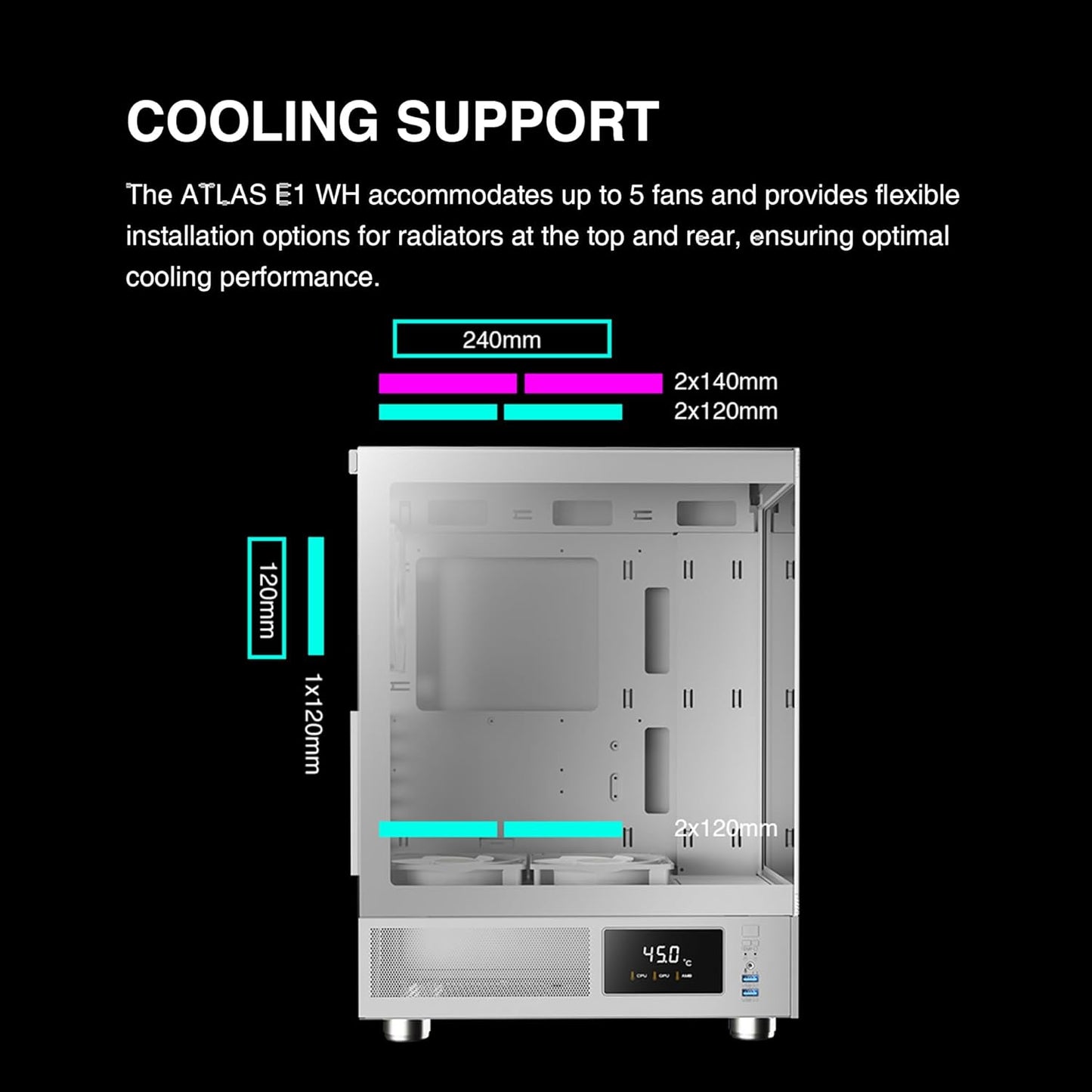 GAMDIAS White ATX Mid Tower Computer Case with Tempered Glass, Gaming PC Case W/Temperature Display & 3X 120Mm ARGB Fans, Support up to 5X Fans, 240Mm Aio/Radiator, 340Mm GPU/VGA, 160Mm CPU Cooler