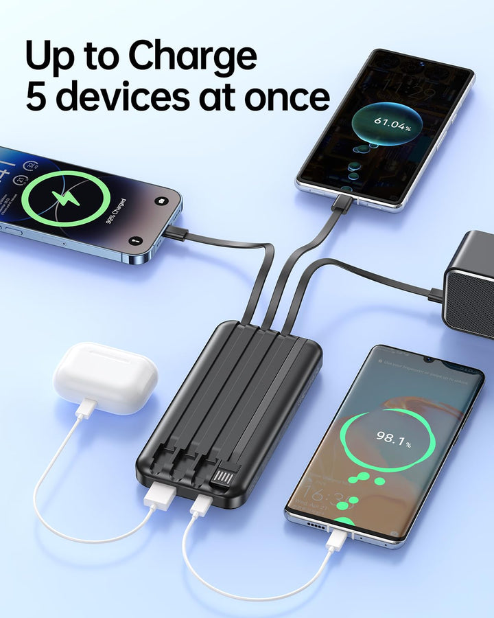 RONEGN Power Bank 20000 mAh 22.5W con 4 cables integrados y pantalla LED