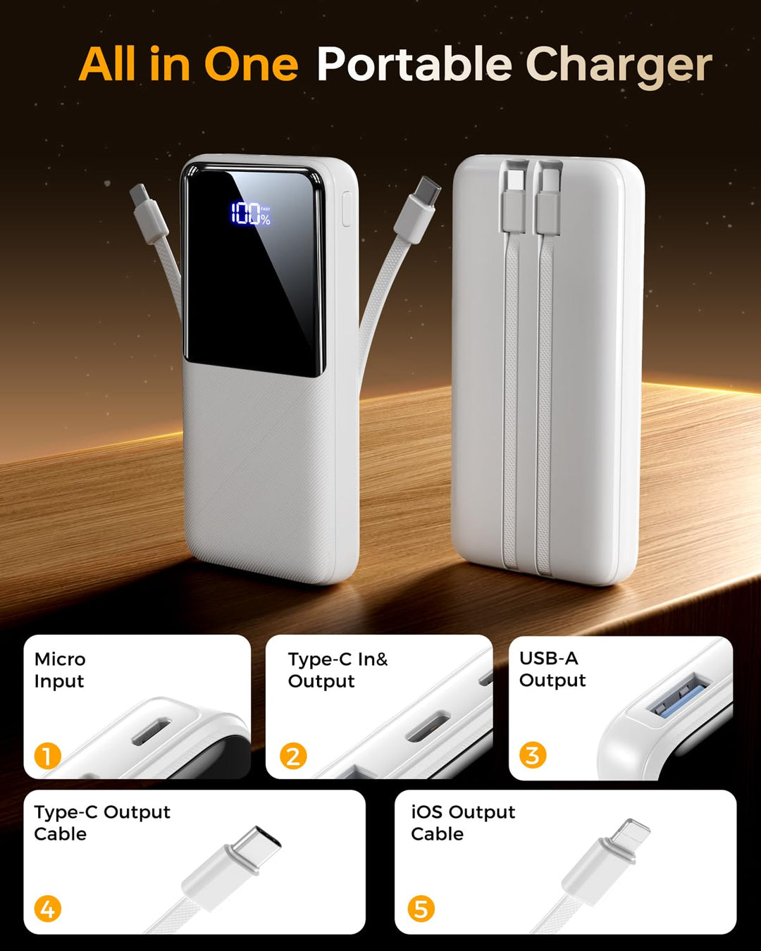 CFIAI Power Bank 15000mAh con cables integrados y carga rápida 22.5W