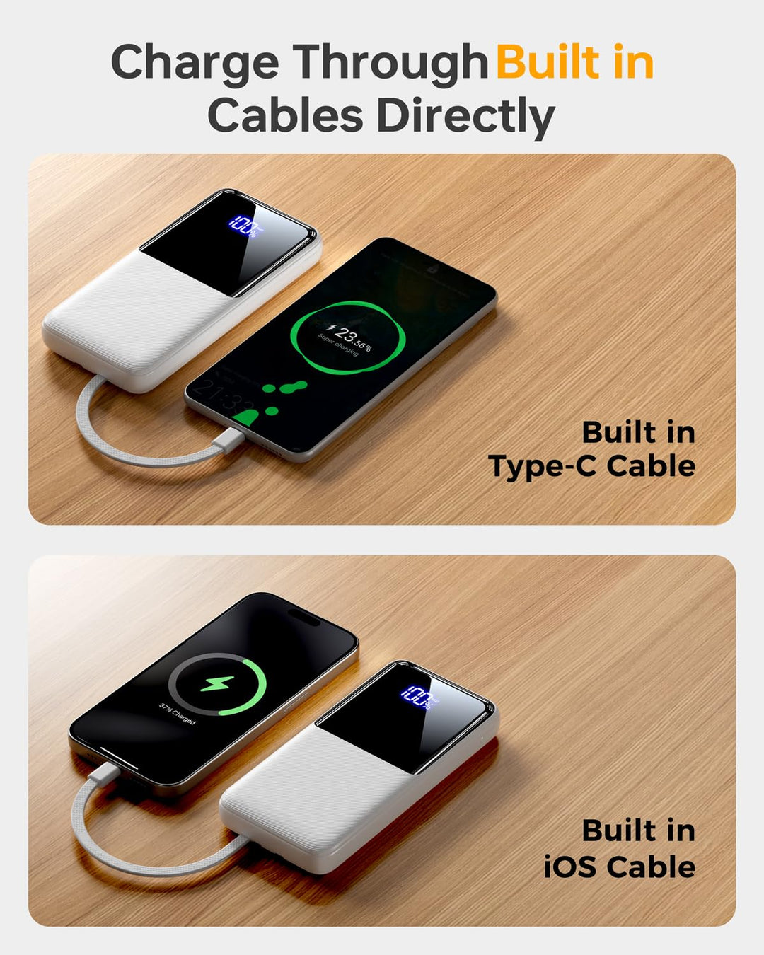 CFIAI Power Bank 15000mAh con cables integrados y carga rápida 22.5W
