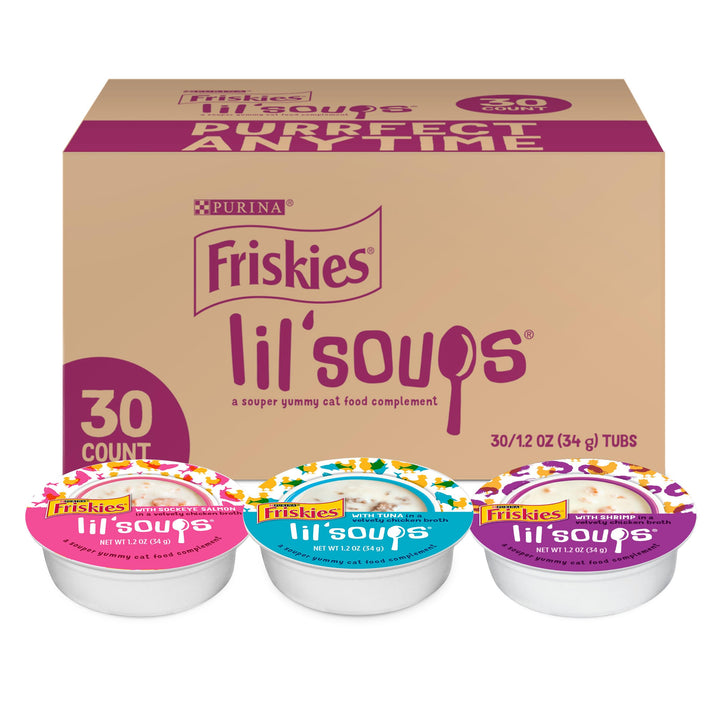 Comida humeda Purina Friskies Lil? Soups gatos salmon atun camaron 30 uds
