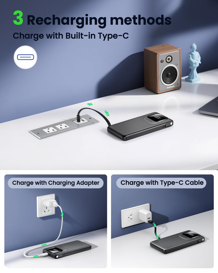 Crazywhale Power Bank 10000 mAh con pantalla LED y cables integrados