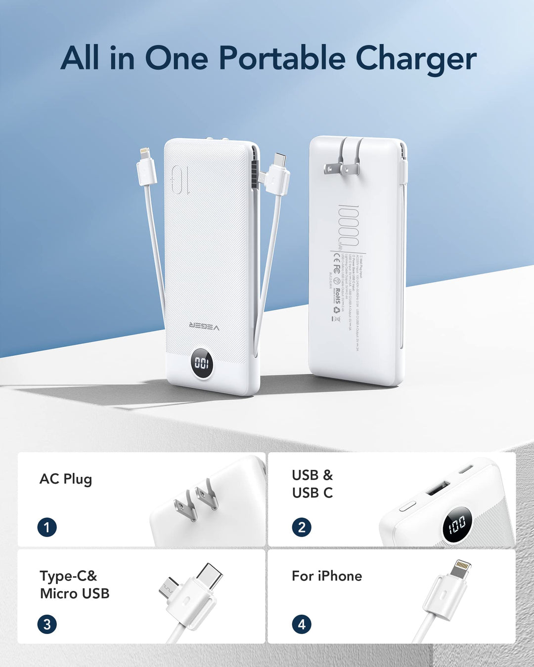 VEGER Power Bank 10000 mAh con cables integrados y enchufe de pared