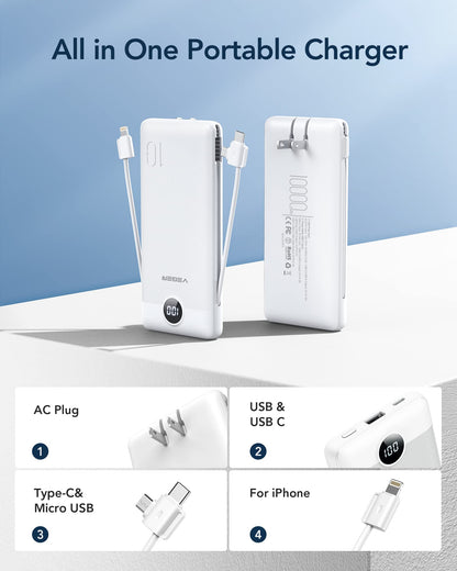 ~? VEGER cargador portatil para iPhone construido en cables de carga rapida USB C Slim 10000 Power Bank, pared pl
