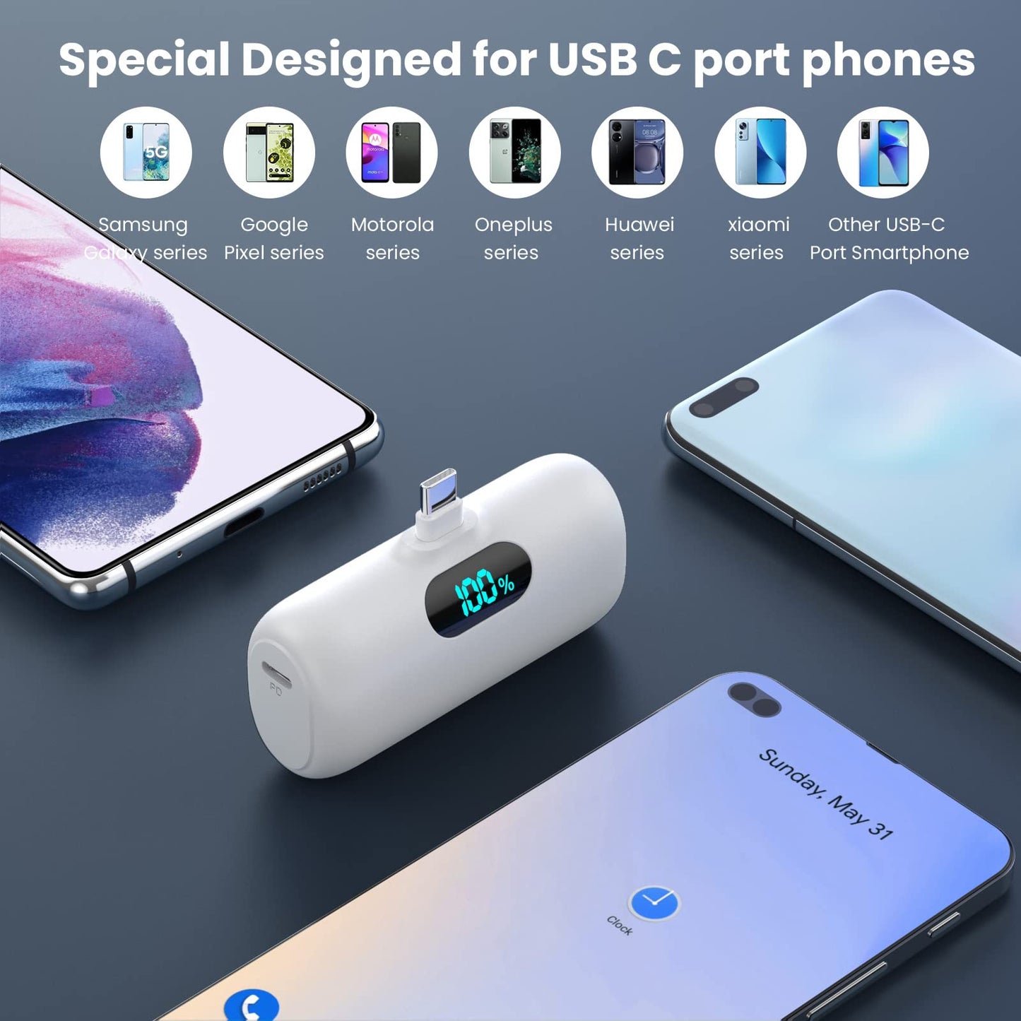 [Paquete de 2] Mini cargador portatil Banco de energia de 5000 mAh, 3A PD USB C Telefono celular portatil Alimentacion, pantalla LCD Paquete de baterias Compatible con iPhone 15/15 plus / 15 pro / 15 pro Max / telefono Android / Samsung / Moto / LG, etc.