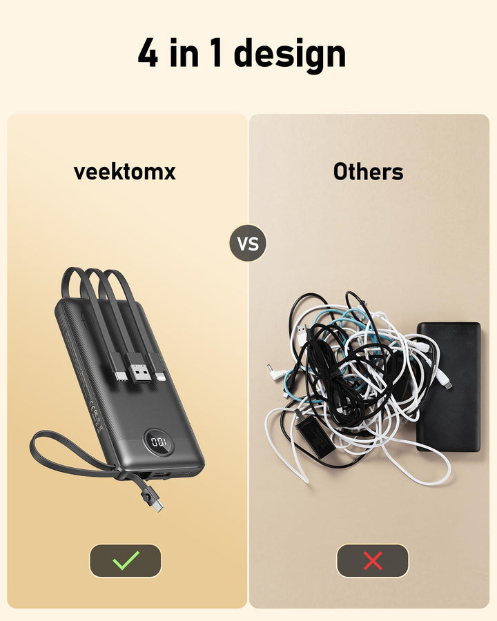 VEEKOMTX Power Bank 10000 mAh con cables integrados y carga rápida USB-C