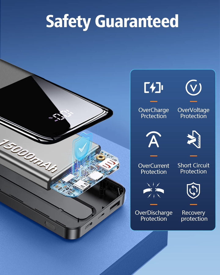 CFIAI Power Bank 15000 mAh 22.5W con cables integrados y pantalla LED