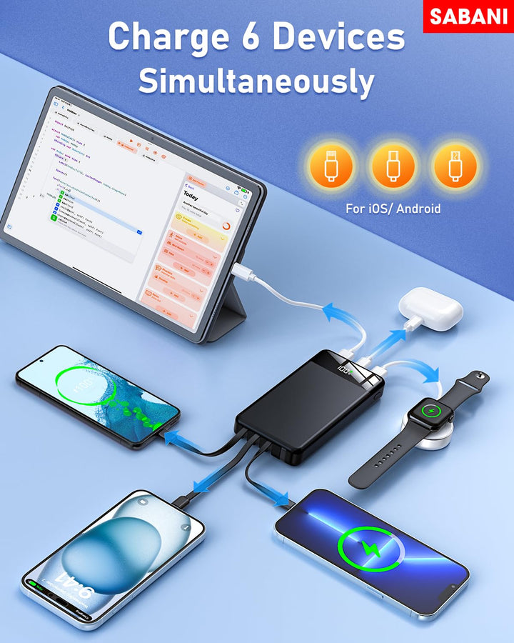 SABANI Power Bank 35000 mAh con 4 cables integrados y carga rápida 22.5 W