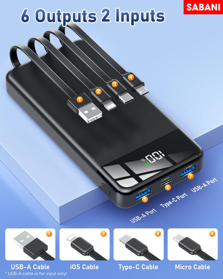 SABANI Power Bank 35000 mAh con 4 cables integrados y carga rápida 22.5 W