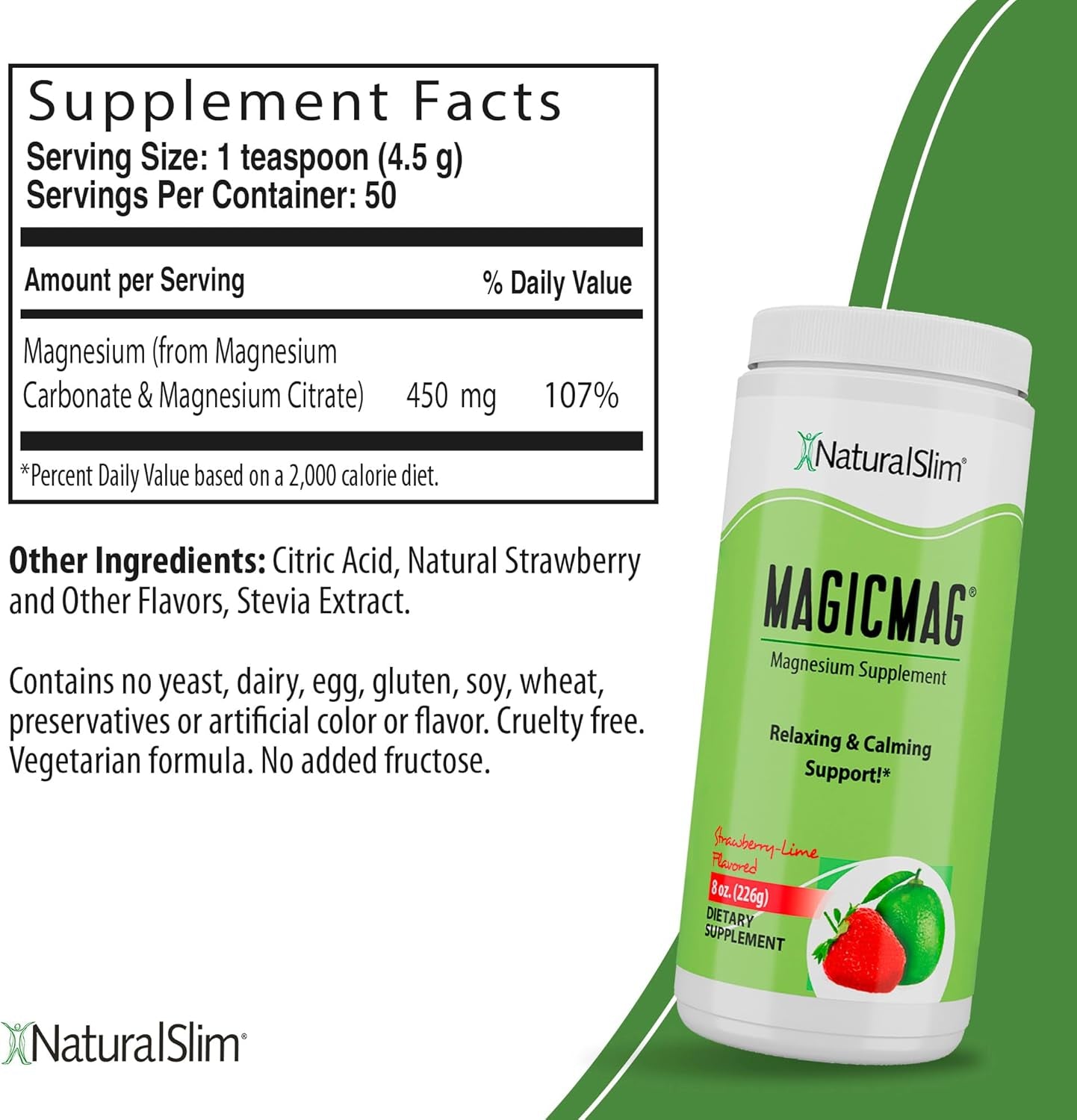 Naturalslim Magicmag Pure Magnesium Citrate Powder – Stress, Constipation, Muscle, Heart Health, and Sleep Support | Natural Strawberry & Lime Flavored Magnesium Supplement - 8Oz Drink Mix (Solo)