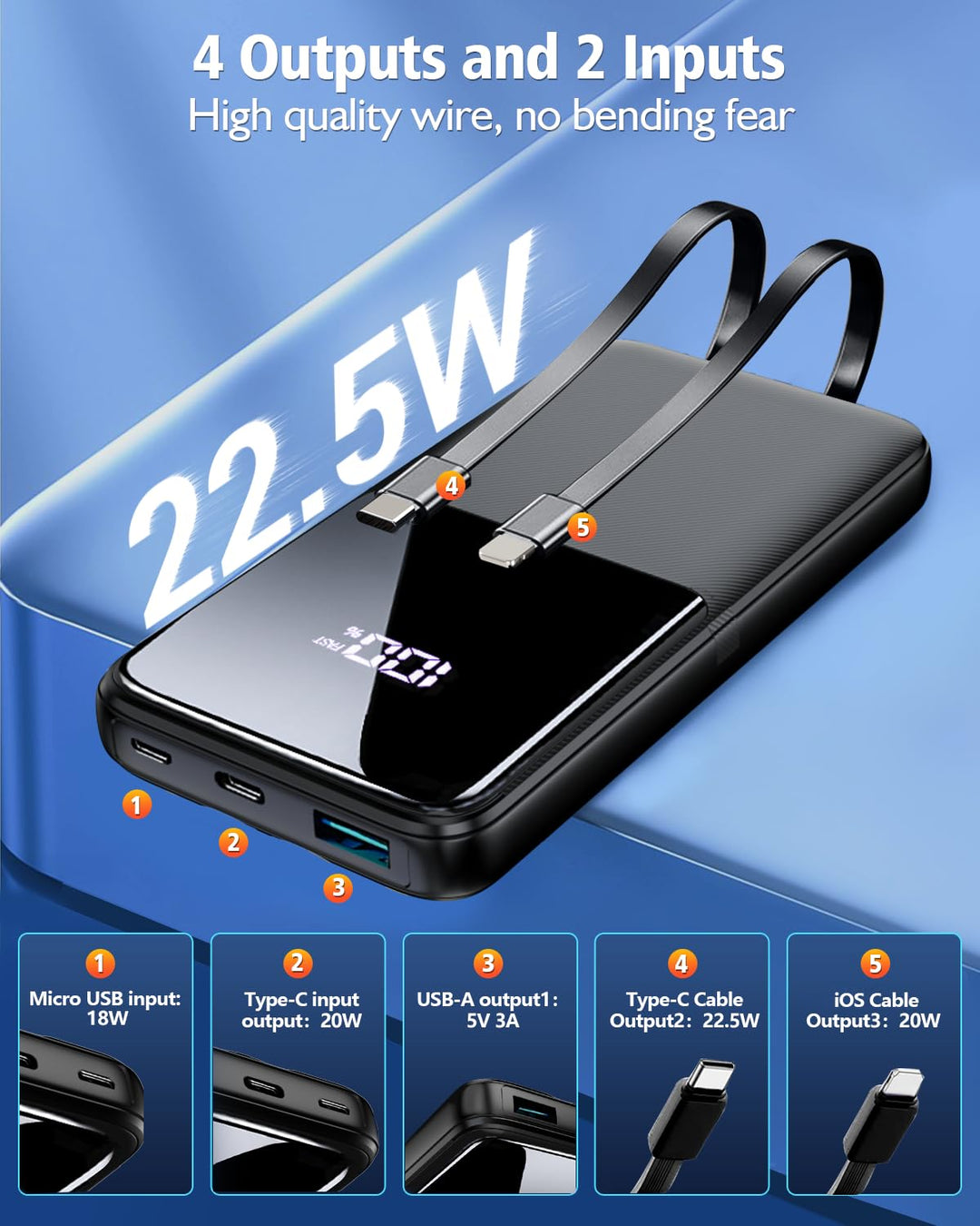 CFIAI Power Bank 15000 mAh 22.5W con cables integrados y pantalla LED