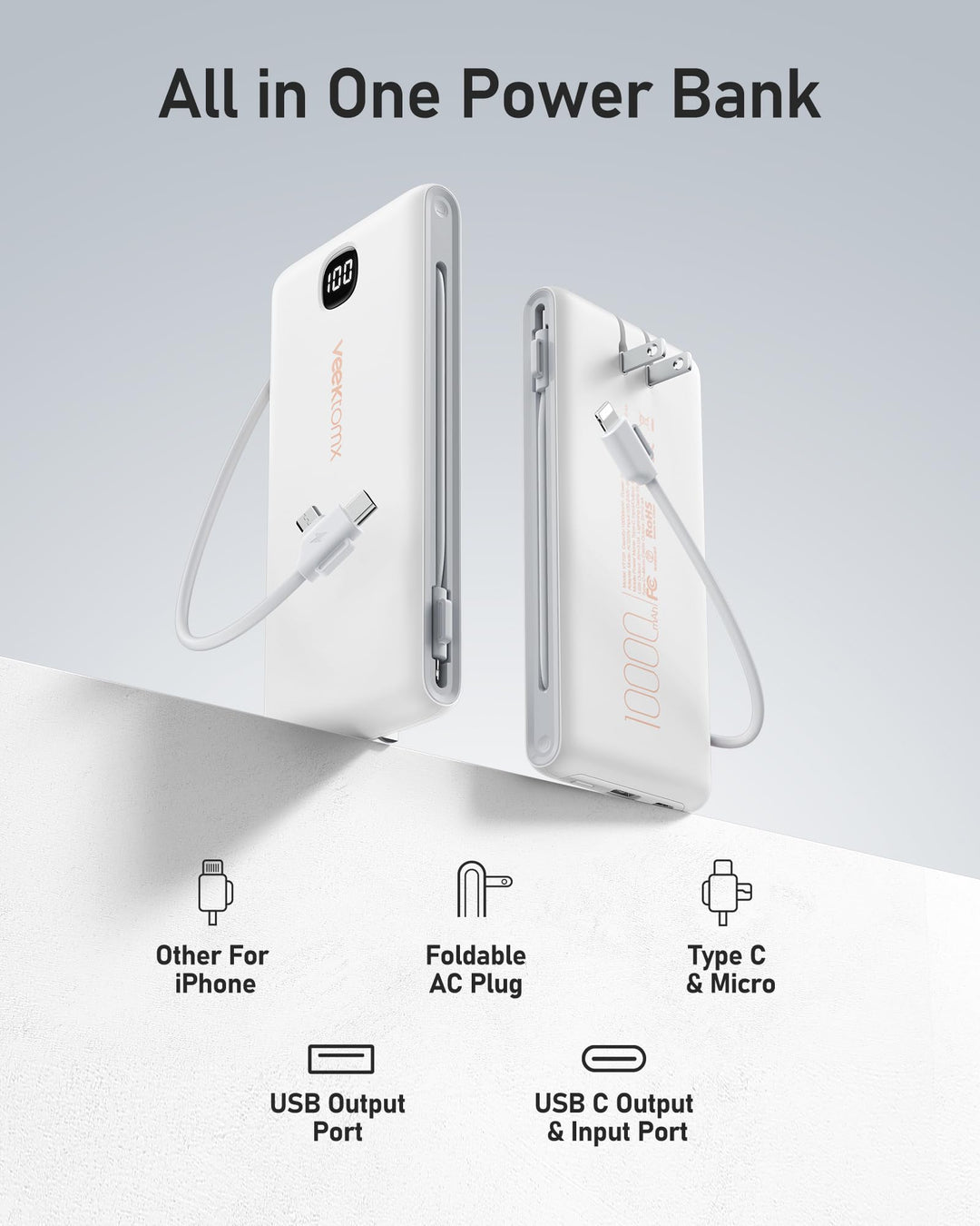 VEEKOMTX 10000mAh Power Bank con cables y enchufe pared