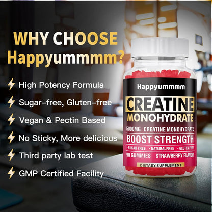 Gomitas de Creatina Monohidratada 5000 mg para Hombres y Mujeres – 90 Unidades Sabor Fresa