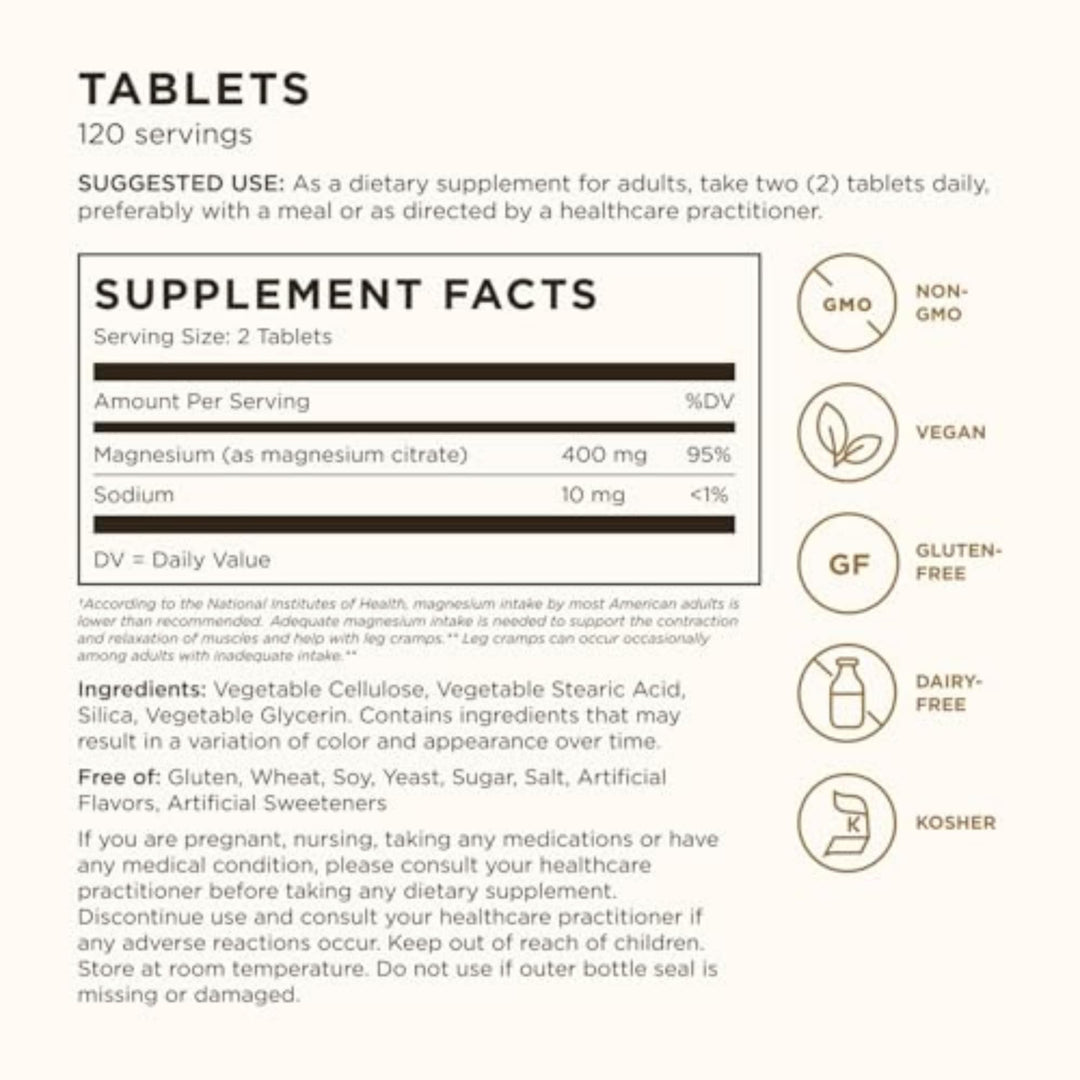 Citrato de Magnesio Solgar – 120 tabletas (vegano, sin gluten)
