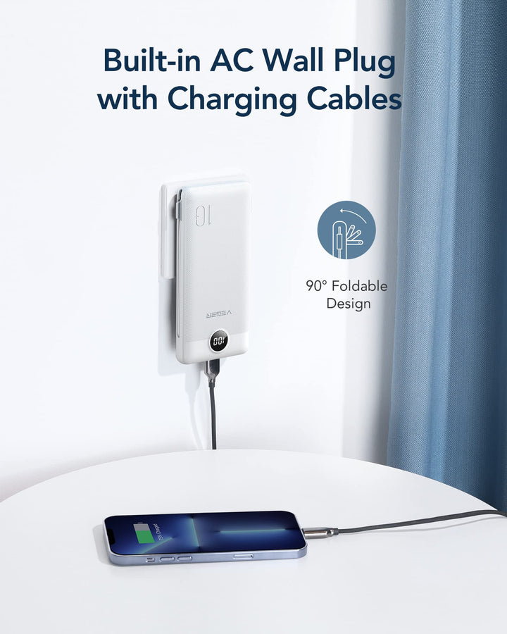 VEGER Power Bank 10000 mAh con cables integrados y enchufe de pared