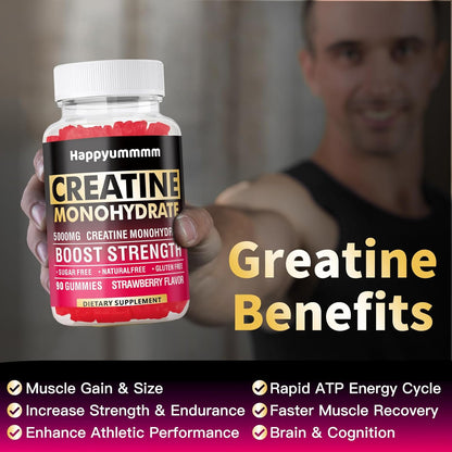 Gomitas de Creatina Monohidratada 5000 mg para Hombres y Mujeres – 90 Unidades Sabor Fresa