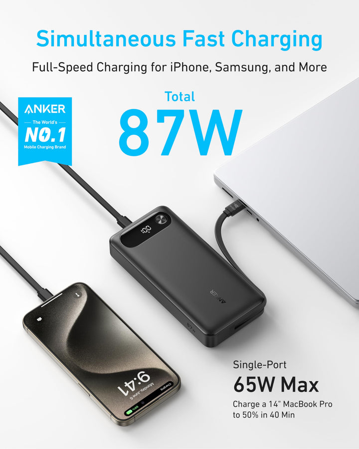Anker Power Bank 20000 mAh 87W con cable USB-C integrado y 3 puertos de carga rápida