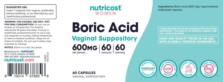 Nutricost acido Borico 600 mg - 60 capsulas (Supositorio vaginal)