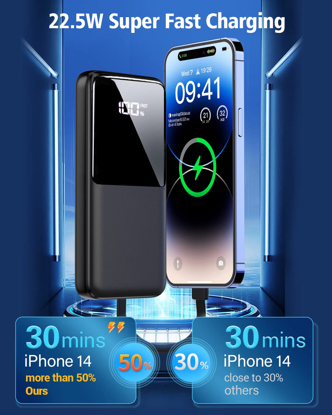 CFIAI Power Bank 15000 mAh 22.5W con cables integrados y pantalla LED