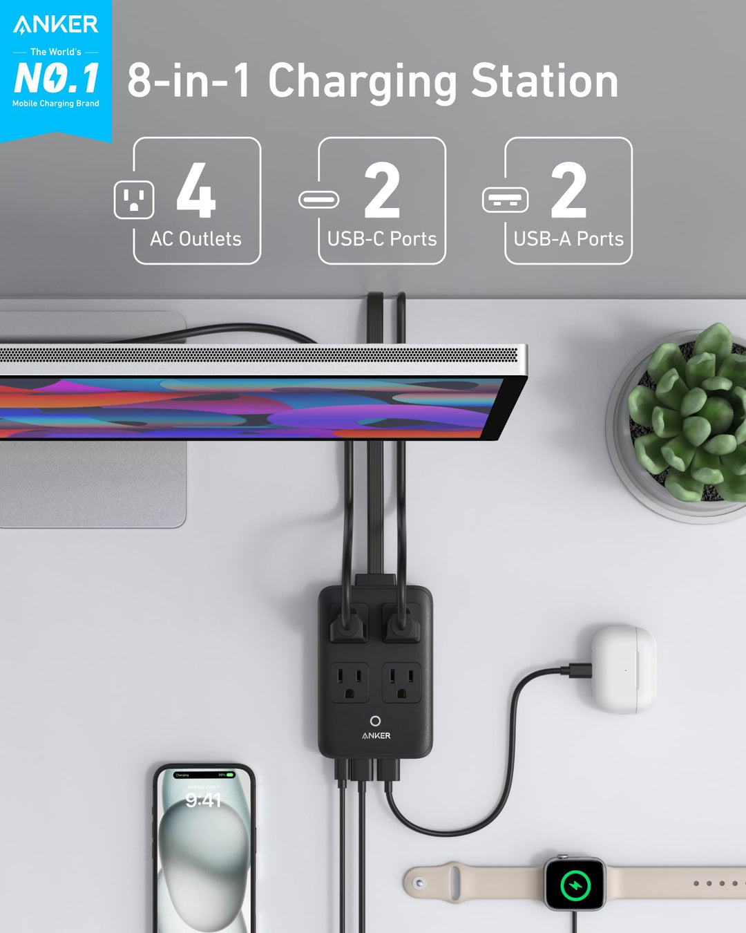 Cargador Anker 20W 8 en 1 USB-C con 4 tomas AC negro