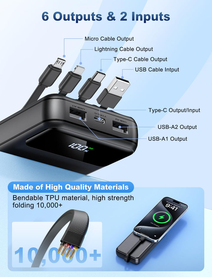 OHOVIV Power Bank 50000mAh con cables integrados y carga rápida 22.5W