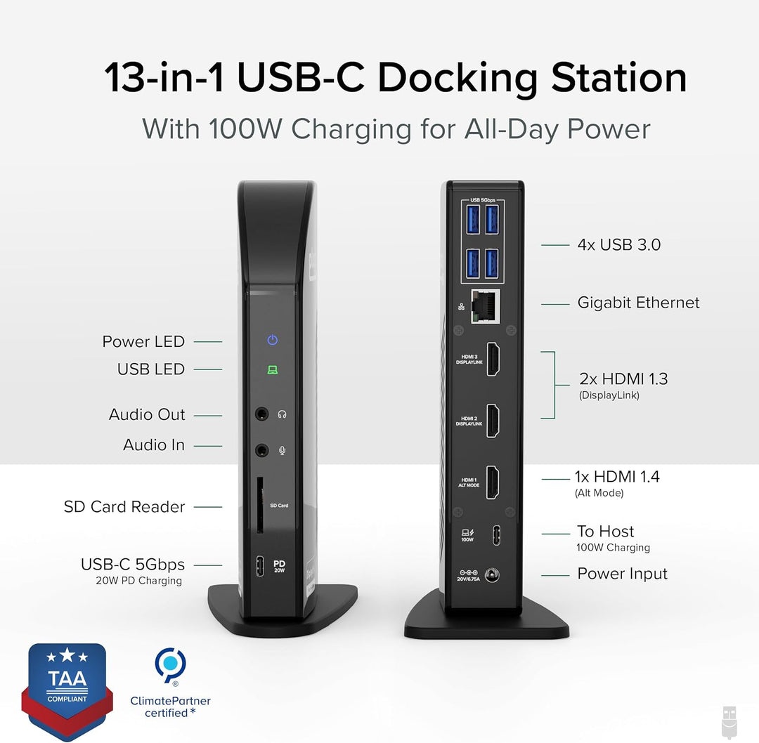 Plugable 13-In-1 USB-C Triple Monitor Docking Station, 100W Laptop Charging, Displaylink Docking Station for Mac (Driver Req), Windows, Chrome (3 HDMI, 1 USB-C with 20W Charging, 4 USB, Ethernet, SD)