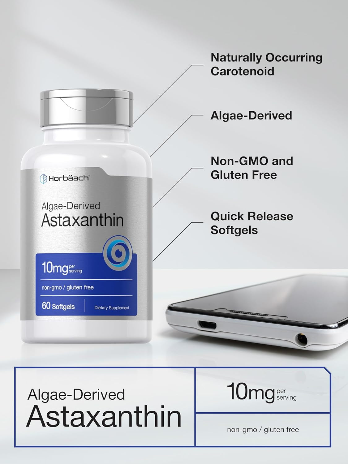 Horbäach Astaxanthin 10Mg | 60 Softgels | Algae Derived Formula | Non-Gmo, Gluten Free Supplement