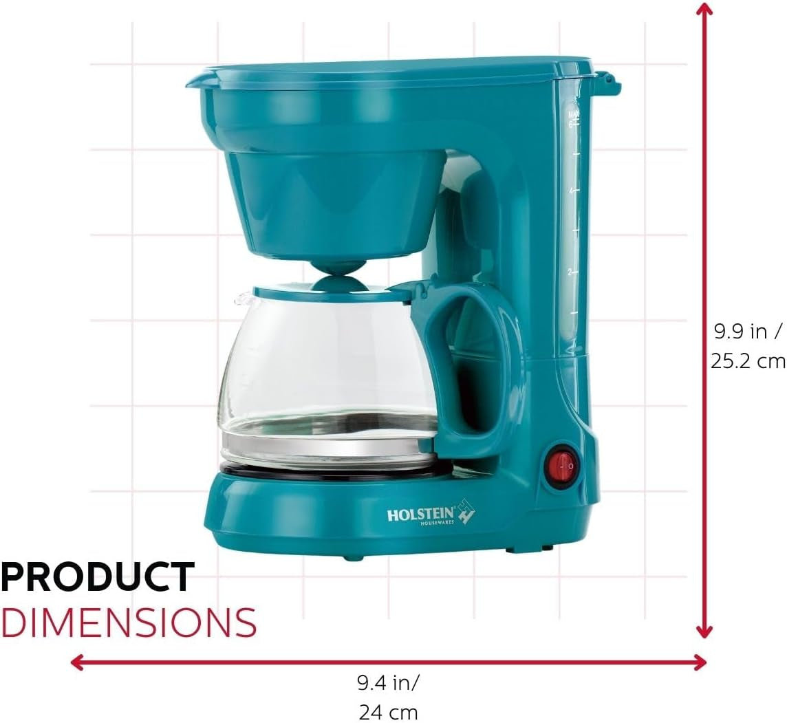 Holstein Housewares - 5 Cup Drip Coffee Maker - Convenient and User Friendly with Permanent Filter, Borosilicate Glass Carafe, Water Level Indicator, Auto Pause /Serve and Keep Warm Functions, Teal