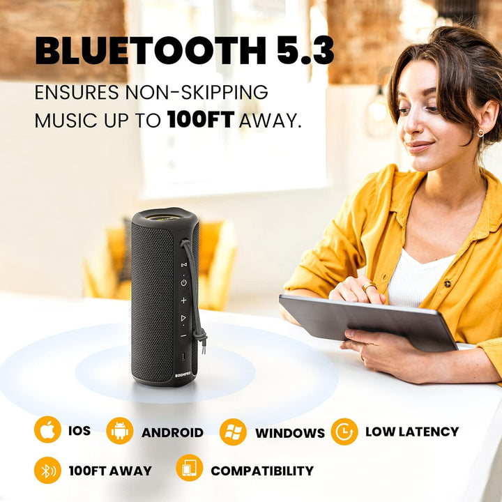 MIATONE Bluetooth Speakers 36W Portable Speaker with Stereo Sound Bass, Bluetooth 5.3 Wireless Speaker USB Type C Outdoor, 5000Mah 16H Playtime IPX7 Waterproof, Color Lights Speaker (Black)