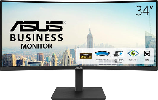 ASUS 34” Ultrawide Curved USB-C Docking Monitor (VA34VCPSN) - 21:9 QHD (3440 X 1440), 1500R Curvature, 100Hz, Adaptive Sync, USB Hub, RJ45, Eye Care, Frameless, VESA Wall Mountable, Height Adjustable