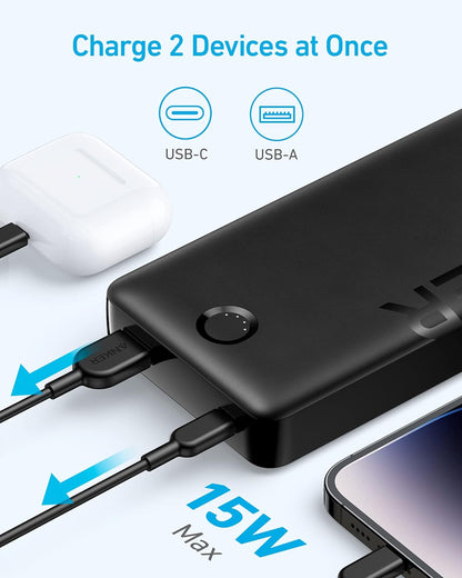 Anker Portable Charger, 20,000Mah Power Bank, Battery Pack with 2-Port, 15W High-Speed Charging for Iphone 15/15 Plus/15 Pro/15 Pro Max, 14/13/12 Series, Samsung Galaxy, and More (Black)