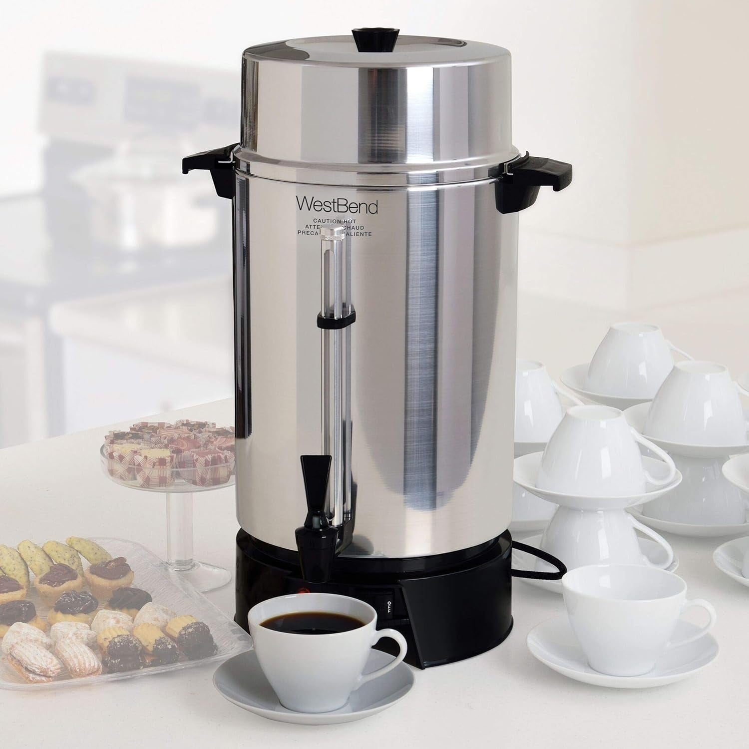 West Bend 33600 Coffee Urn Commercial Highly-Polished Aluminum NSF Approved Features Automatic Temperature Control Large Capacity with Fast Brewing and Easy Clean Up, 100-Cup, Silver