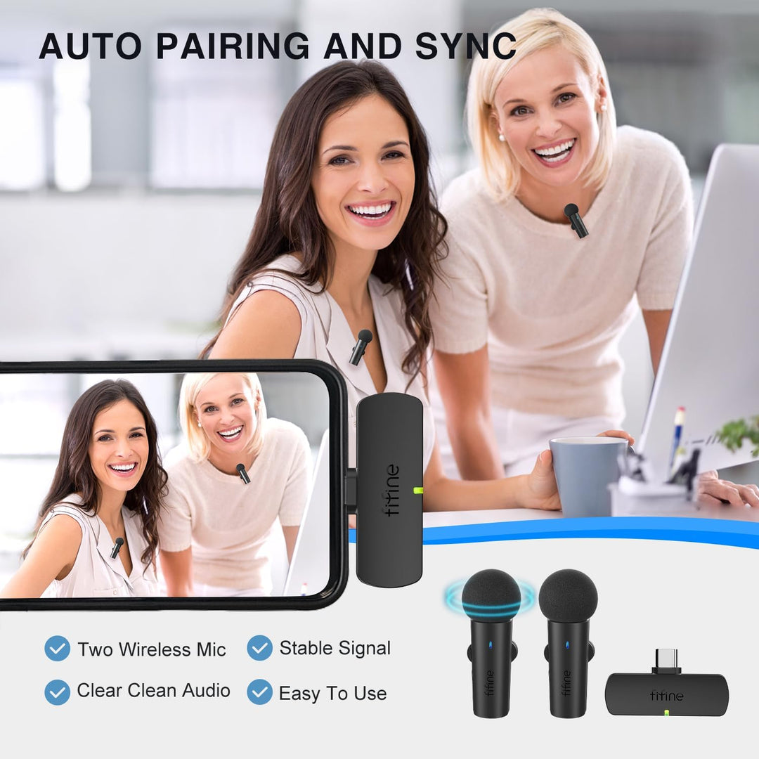 FIFINE Wireless Lavalier System with 2 Microphones, Lapel Mic Clear Sound for Youtube Video Interview Vlog, Dual Mini Mic with Type C Receiver for Android Phone/Tablet/Iphone15(Usb C) Laptop-M8