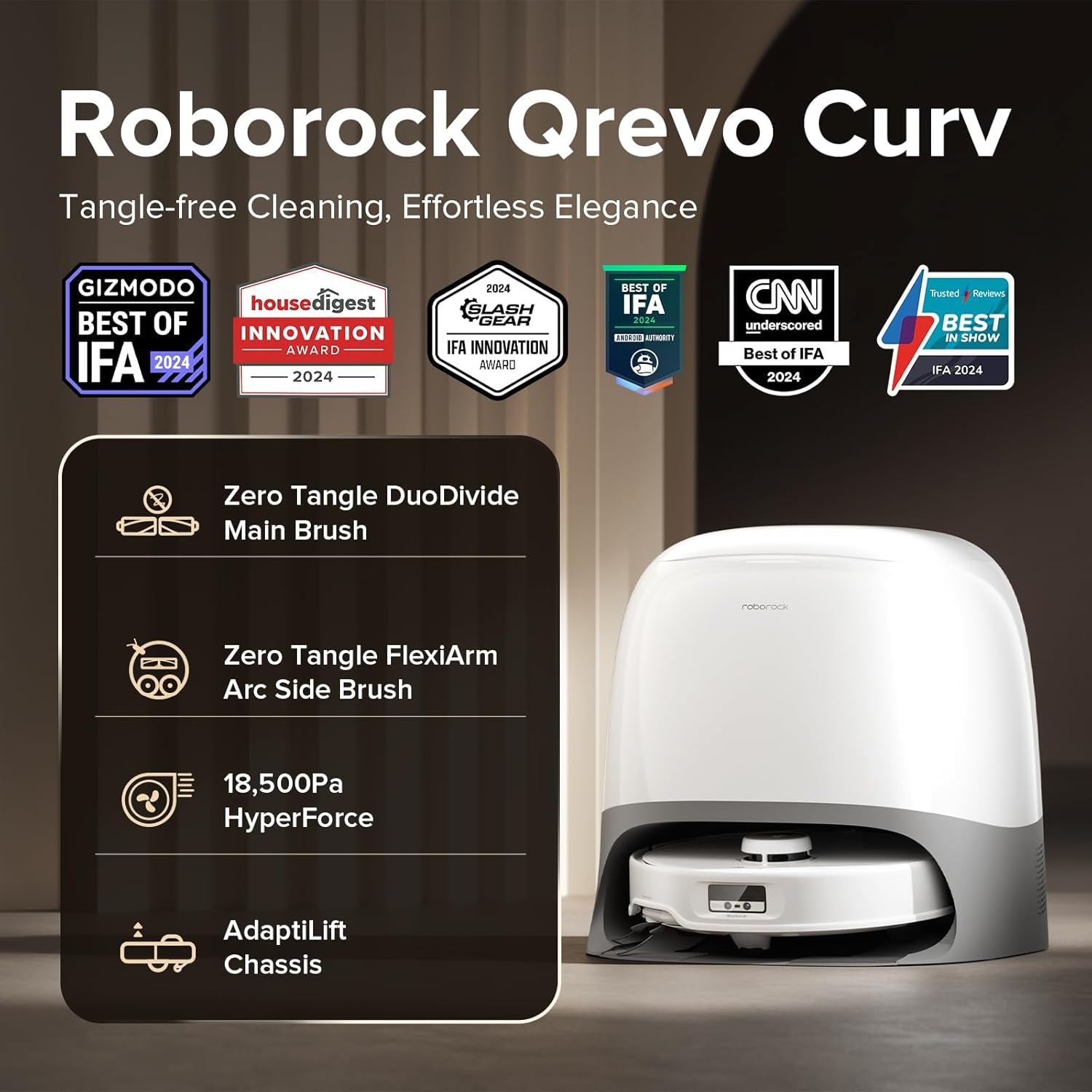 Roborock Qrevo Curv Robot Vacuum and Mop, 18,500Pa Suction, Zero-Tangling, Duodivide Main Brush, Flexiarm Arc Side Brush, Flexiarm Mop, Adaptilift Chassis, Auto Mop Washing & Drying, Self-Emptying