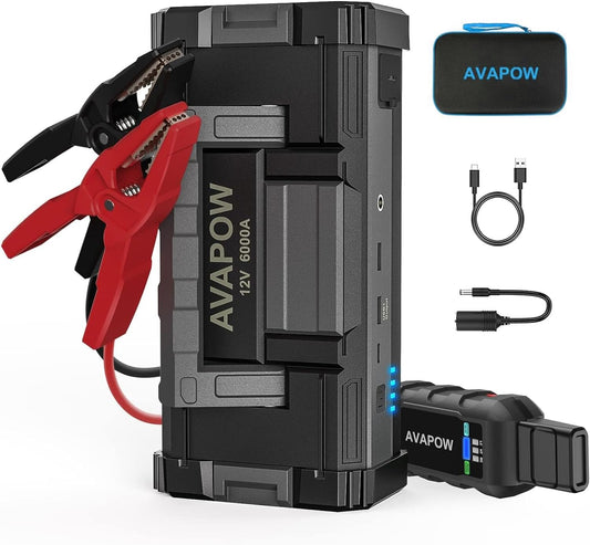 AVAPOW 6000A Car Battery Jump Starter(For All Gas or up to 12L Diesel) Powerful Car Jump Starter with Dual USB Quick Charge and DC Output,12V Jump Pack with Built-In LED Bright Light