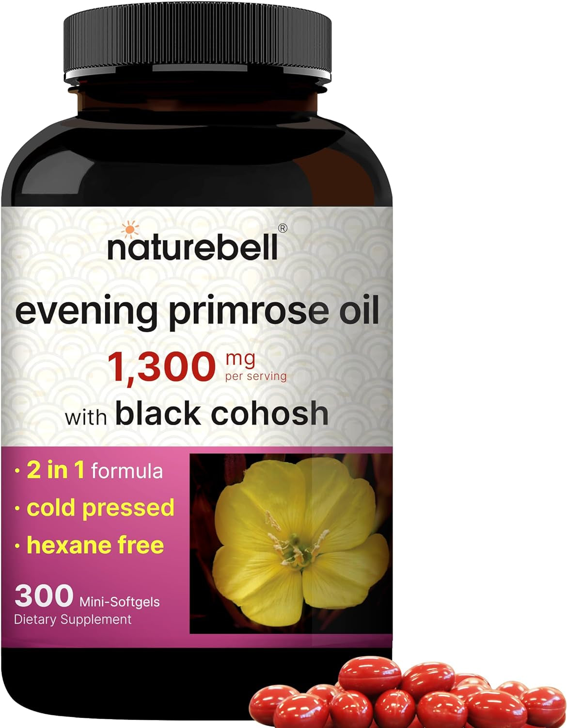 Naturebell Evening Primrose Oil with Black Cohosh, 1,300Mg per Serving, 300 Mini-Softgels | Cold Pressed Seeds, Retains 130Mg GLA for Womens Health & Skin Care Support – Hexane Free, Non-Gmo