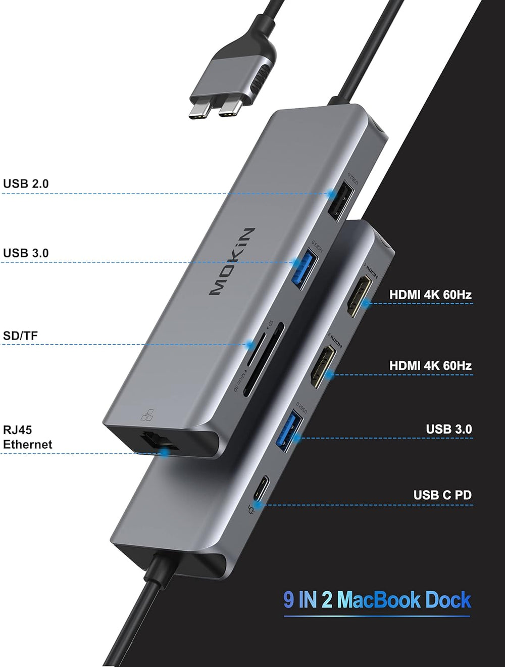 Macbook Pro Docking Station Dual Monitor Macbook Pro HDMI Adapter,9 in 1 USB C Adapters for Macbook Pro Air Mac HDMI Dock Dongle Dual USB C to Dual HDMI Ethernet 3USB SD/TF100W PD