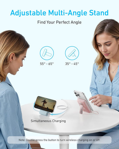 Anker Zolo Magnetic Power Bank, 10,000Mah Wireless Portable Charger with 30W Max Fast Charging, Battery Pack with Built-In USB-C Cable and Adjustable Stand, for Iphone 16/15 Series, Airpods, and More
