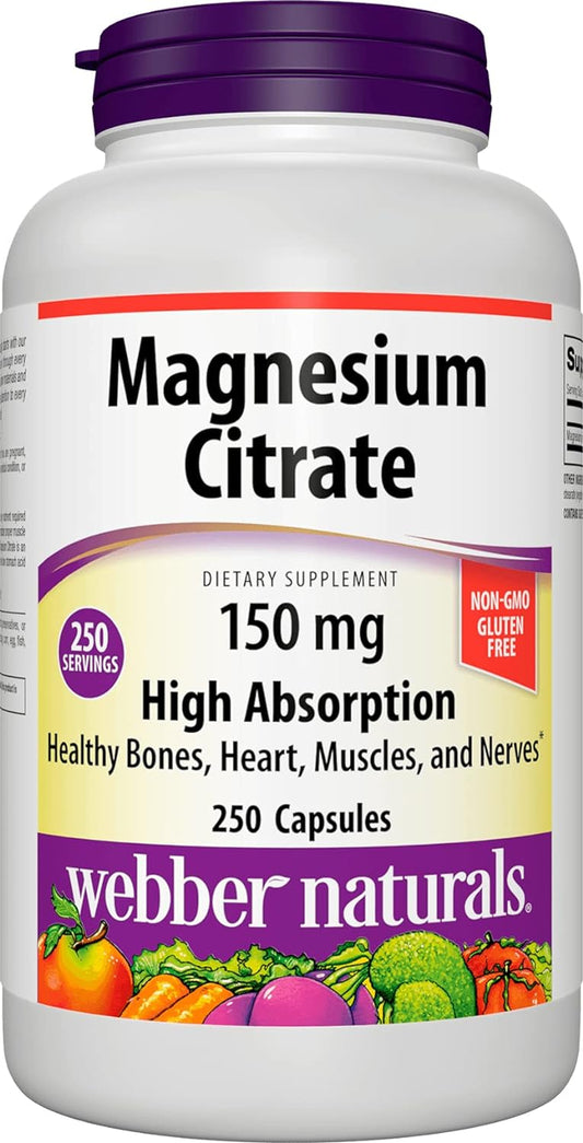 Webber Naturals Magnesium Citrate, 150 Mg Magnesium Citrate per Capsule, 250 Capsules, High Absorption, Helps Support Bones, Teeth and Proper Muscle & Heart Function, Non-Gmo, Gluten & Diary Free