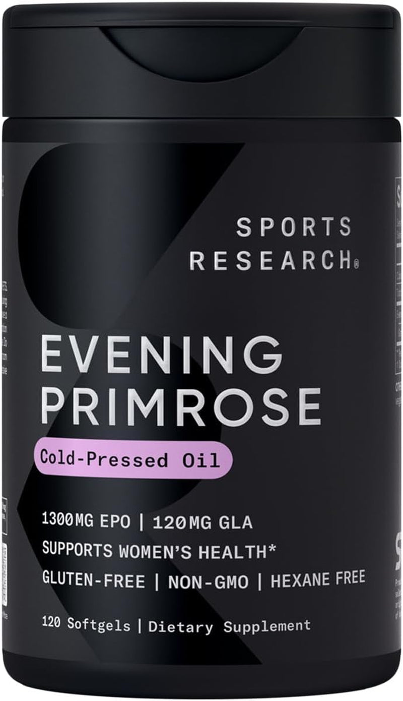 Sports Research Evening Primrose Supplement from Cold Pressed Oil - Softgels for Women’S Health & Skin Health - Gluten Free & Non-Gmo GLA - High Potency 1300Mg, 120 Count