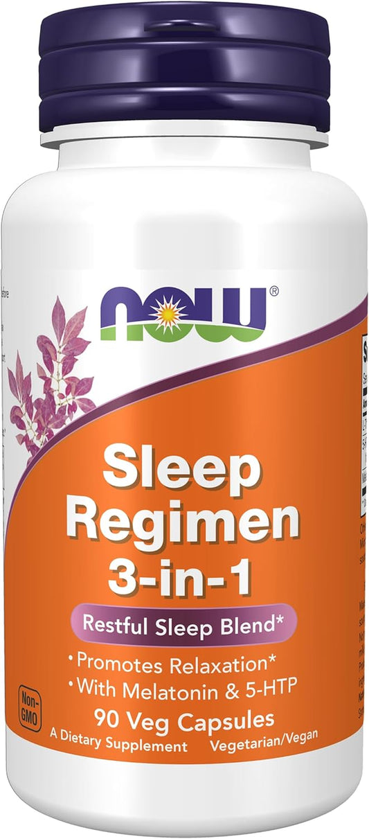 NOW Foods Supplements, Sleep Regimen 3-In-1, with Melatonin, 5-HTP and L-Theanine, Restful Sleep Blend*, 90 Veg Capsules