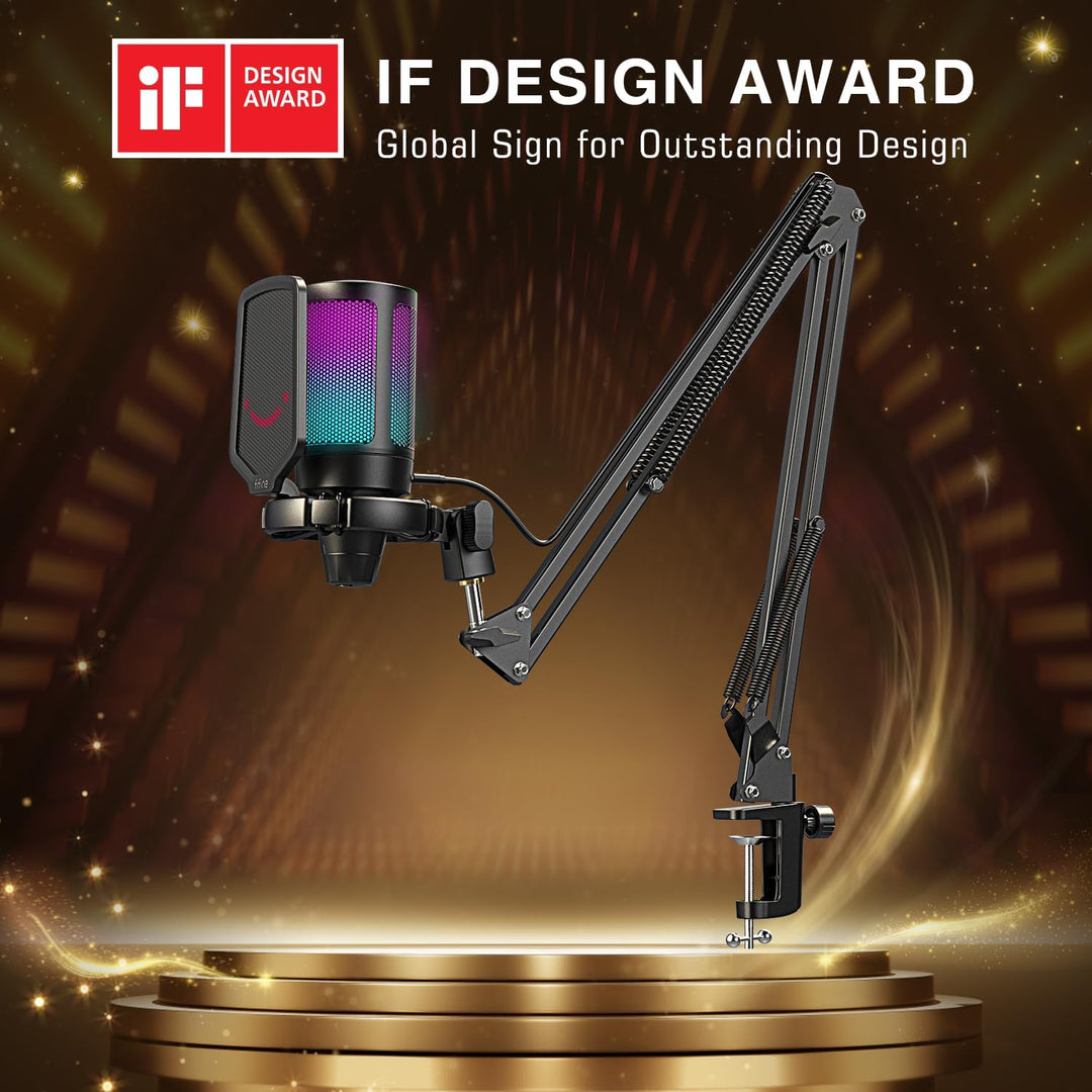 FIFINE Gaming PC USB Microphone, Podcast Condenser Mic with Boom Arm, Pop Filter, Mute Button for Streaming, Twitch, Online Chat, RGB Computer Mic for PC Gamer Youtuber-Ampligame A6T