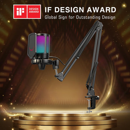 FIFINE Gaming PC USB Microphone, Podcast Condenser Mic with Boom Arm, Pop Filter, Mute Button for Streaming, Twitch, Online Chat, RGB Computer Mic for PC Gamer Youtuber-Ampligame A6T