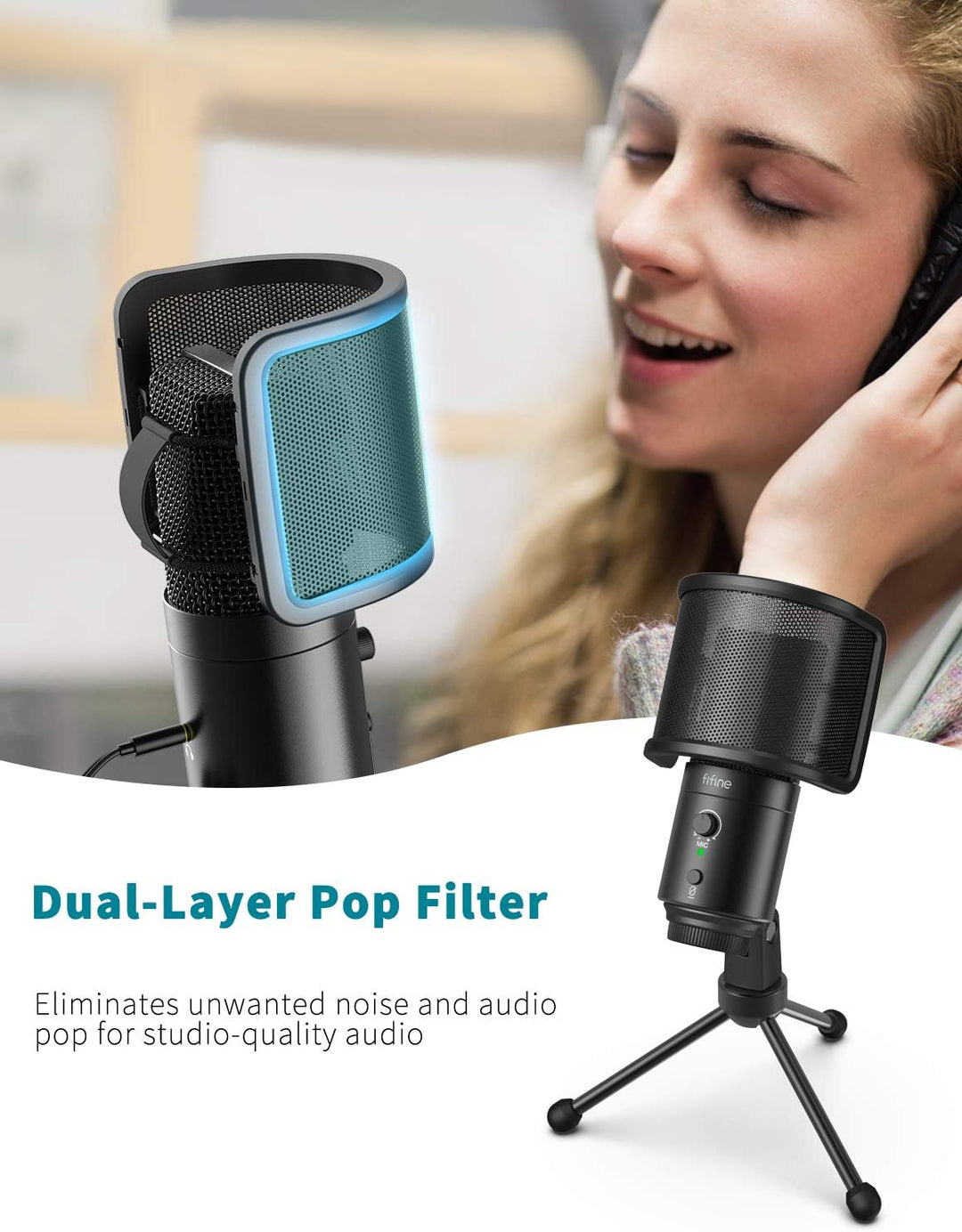 FIFINE USB Desktop PC Microphone with Pop Filter for Computer and Mac, Studio Condenser Mic with Gain Knob Mute Button Headphone Jack for Gaming Streaming Recording Youtube, Extra USB-C Plug-K683A