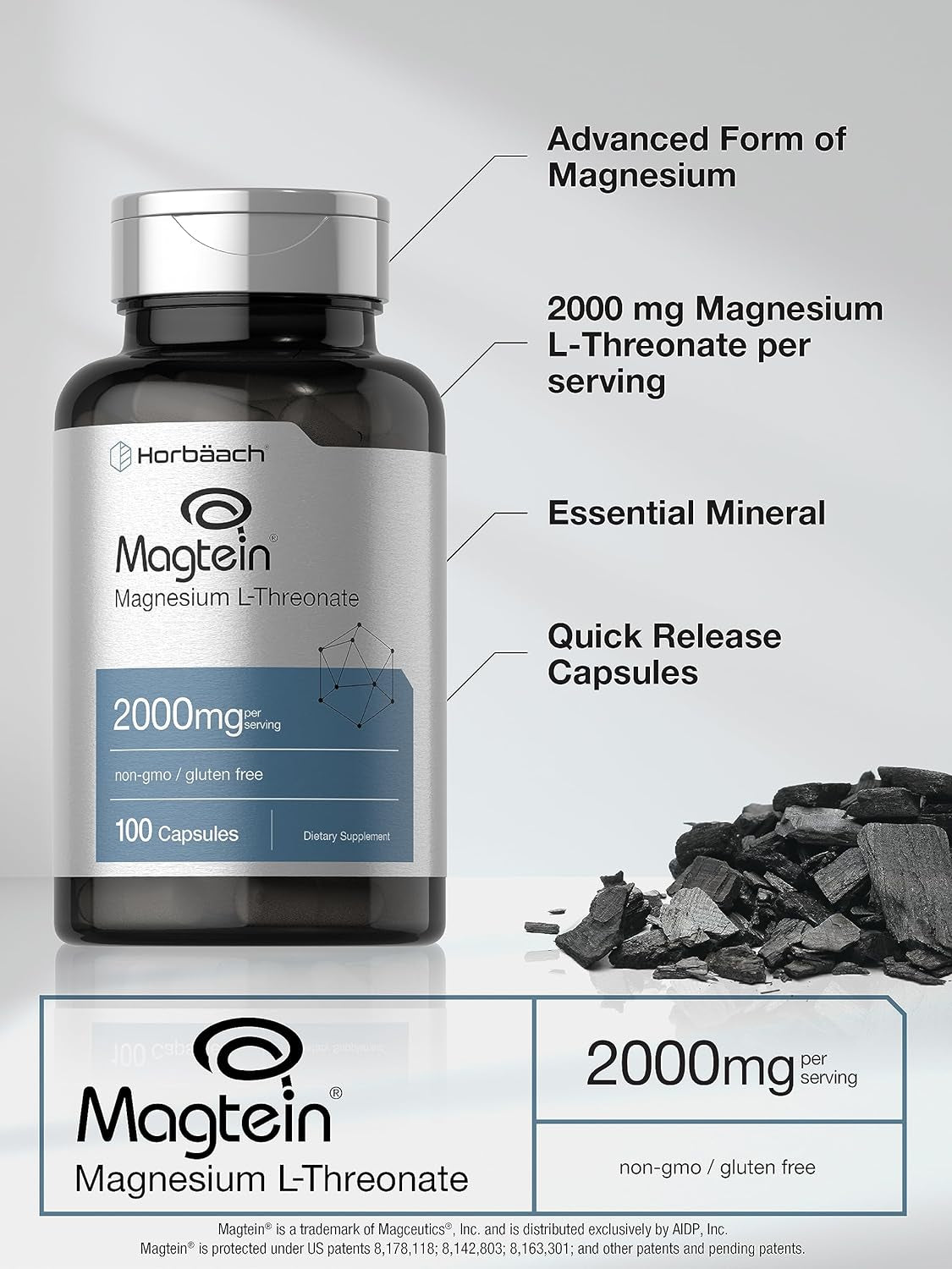 Horbäach Magtein Magnesium L-Threonate | 2000Mg Supplement | 100 Capsules | for Men & Women | Non-Gmo and Gluten Free