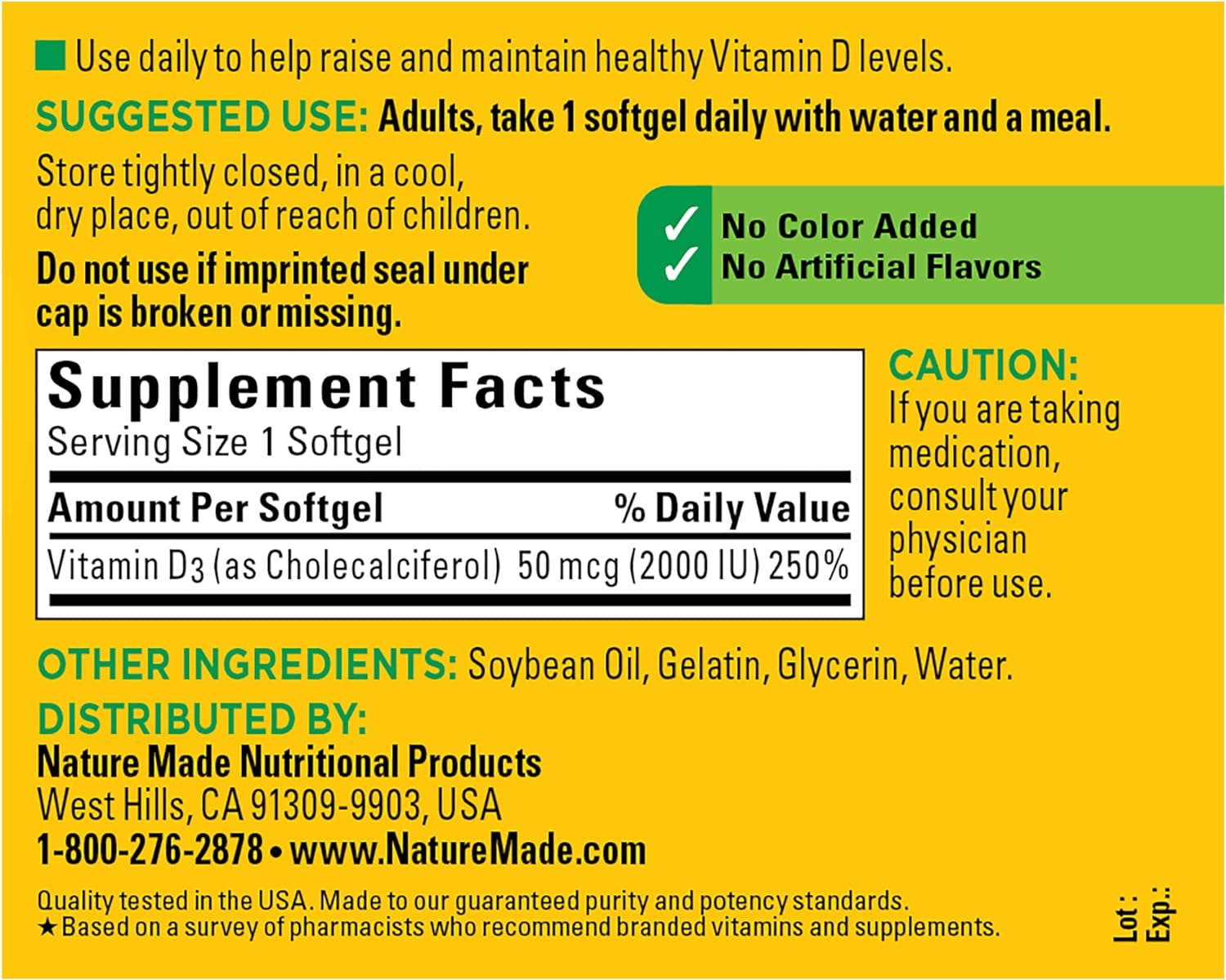 Nature Made Vitamin D3 2000 IU (50 Mcg), Dietary Supplement for Bone, Teeth, Muscle and Immune Health Support, 250 Softgels, 250 Day Supply