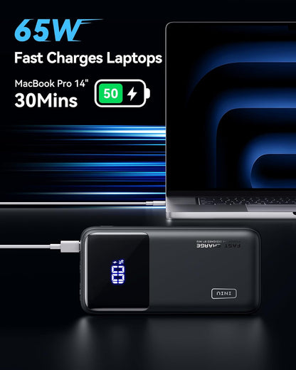 INIU Power Bank, 20000Mah 65W USB C Laptop Portable Charger, PD QC Fast Charging 3-Output External Battery Pack for Laptop Macbook Dell XPS Ipad Tablet Steam Deck Iphone 16 15 14 Pro Samsung S22 Etc