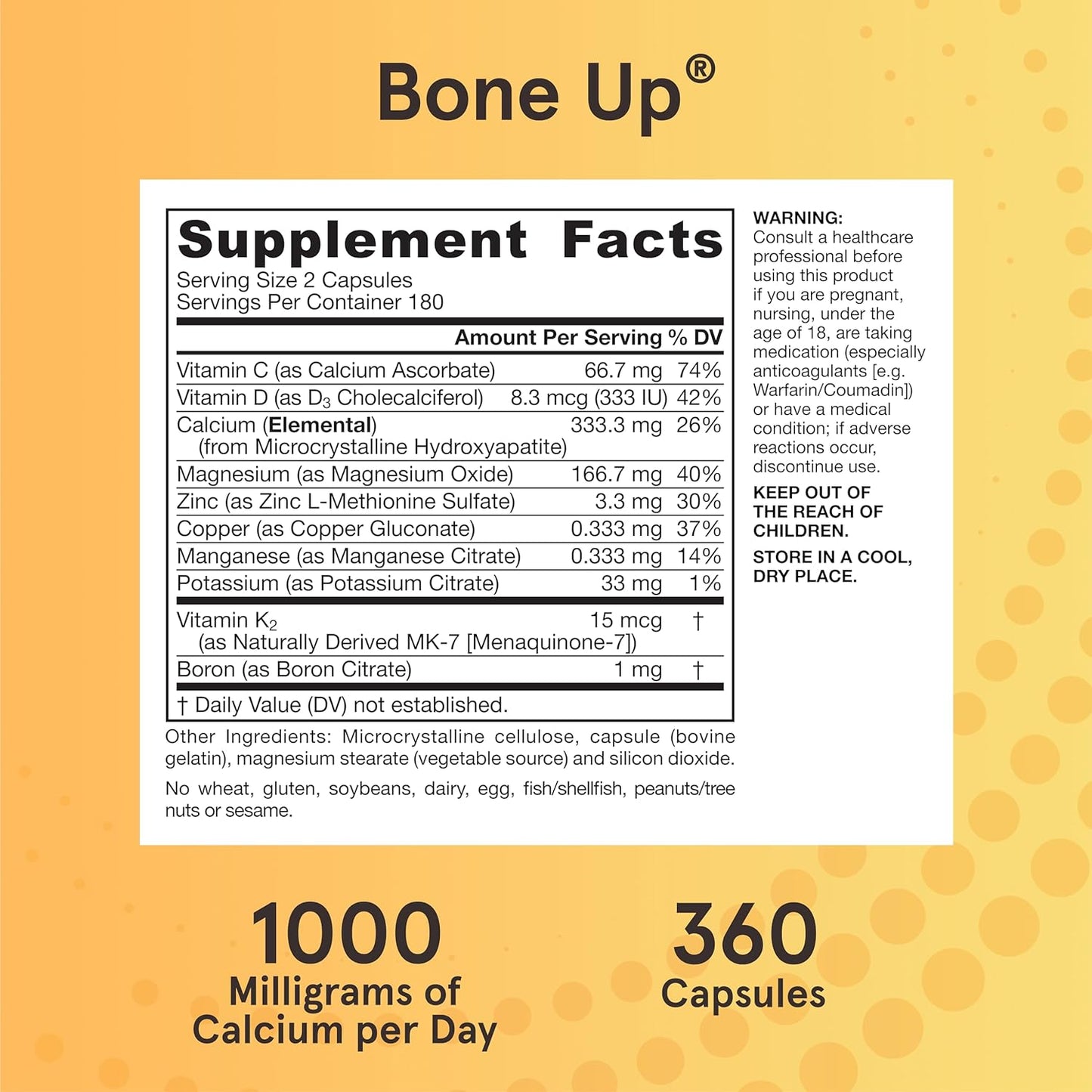 Jarrow Formulas Boneup - 360 Capsules - 180 Servings - for Bone Support & Skeletal Nutrition - Includes Naturally Derived Vitamin D3, K2 (As MK-7) & 1000 Mg Calcium - Gluten Free - Non-Gmo