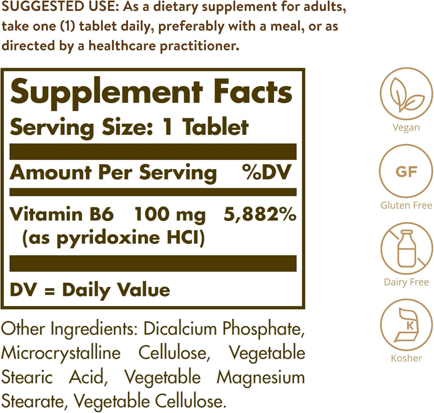 Solgar Vitamin B6 100 Mg, 100 Tablets - Supports Energy Metabolism, Heart Health & Healthy Nervous System - B Complex Supplement - Vegan, Gluten Free, Dairy Free, Kosher - 100 Servings